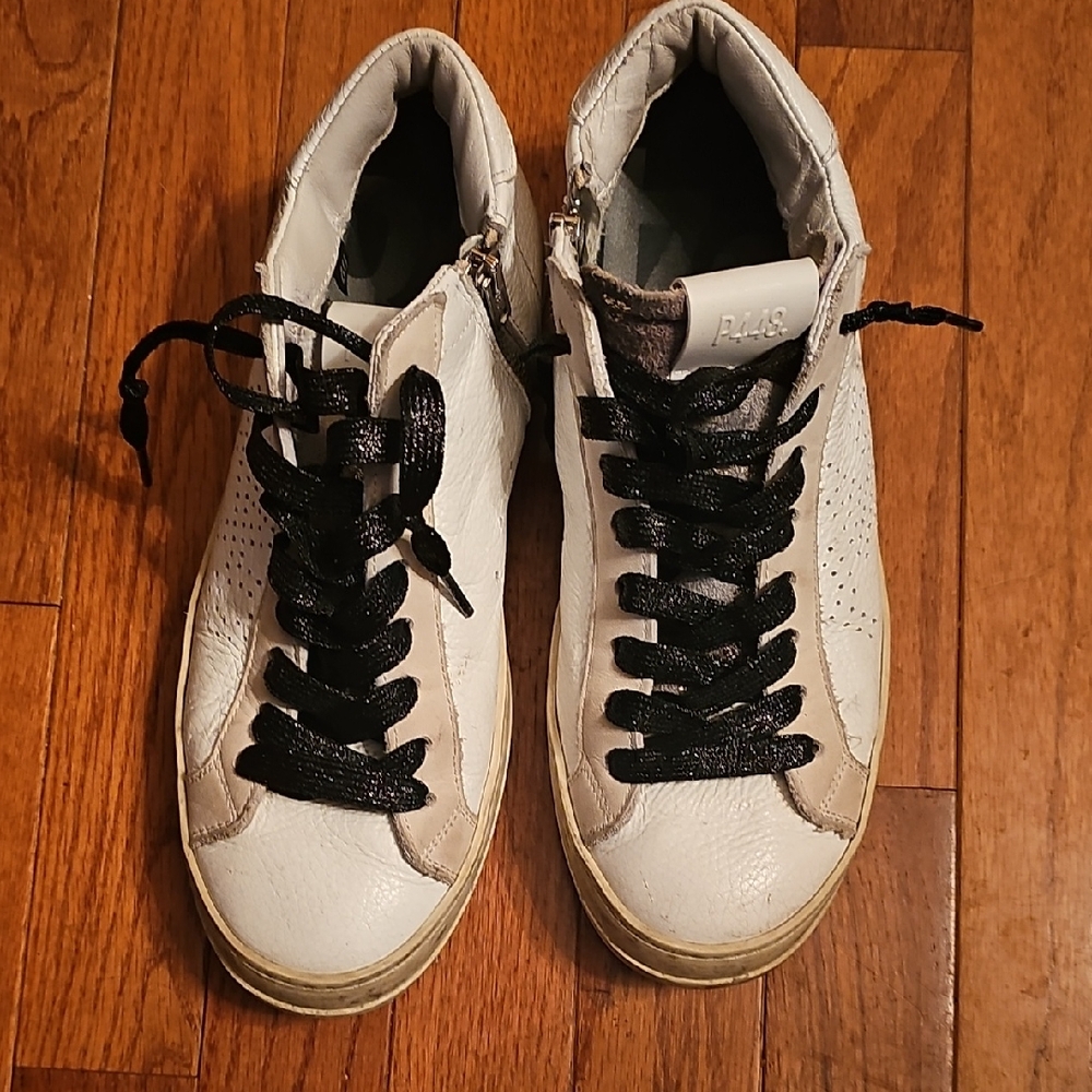 P488White and Black High-Top Sneakers
